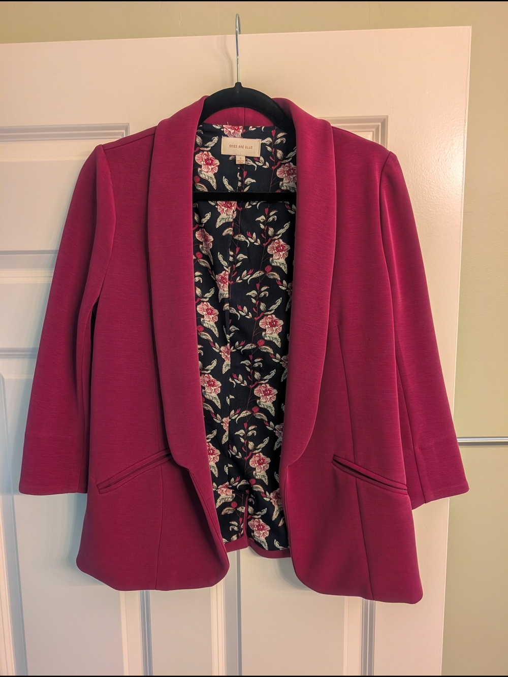 Skies Are Blue Ruby Pink Open-Front Blazer with Floral Lining